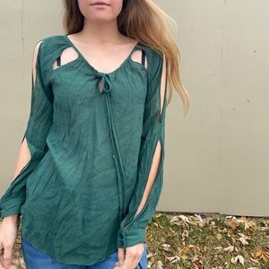 Edge Moss Green Cut Out Blouse Long Sleeves